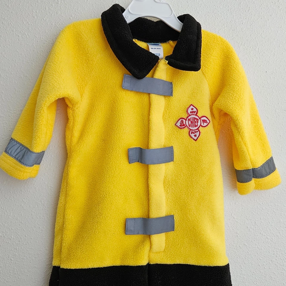 Antiguo Disfraz de Bombero Bebé Azul Marino 18-24 Meses Amarillo Negro Vellón Tiras Reflectantes Foto 2 de 4