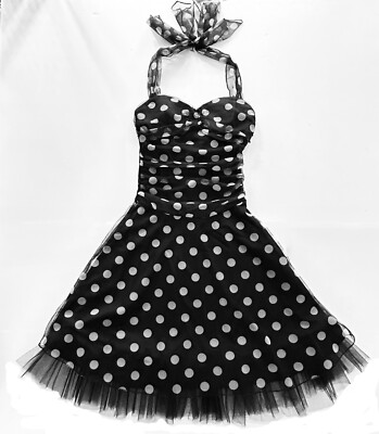 Kiki USA Jr's Fit and Flare Halter Dress Black w/White Polka Dots - Size X-Small | eBay Kiki USA Jr's Fit and Flare Halter Dress Black w/White Polka Dots - Size X-Small | eBay