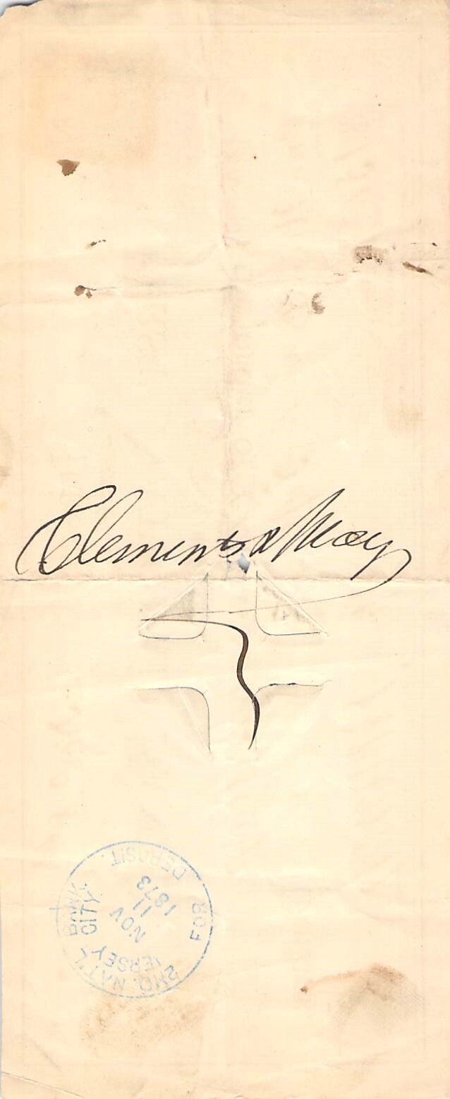 1873 1ST NATIONAL BANK JERSEY CITY CLEMENTS & MAY SIGNED REVENUE STAMP