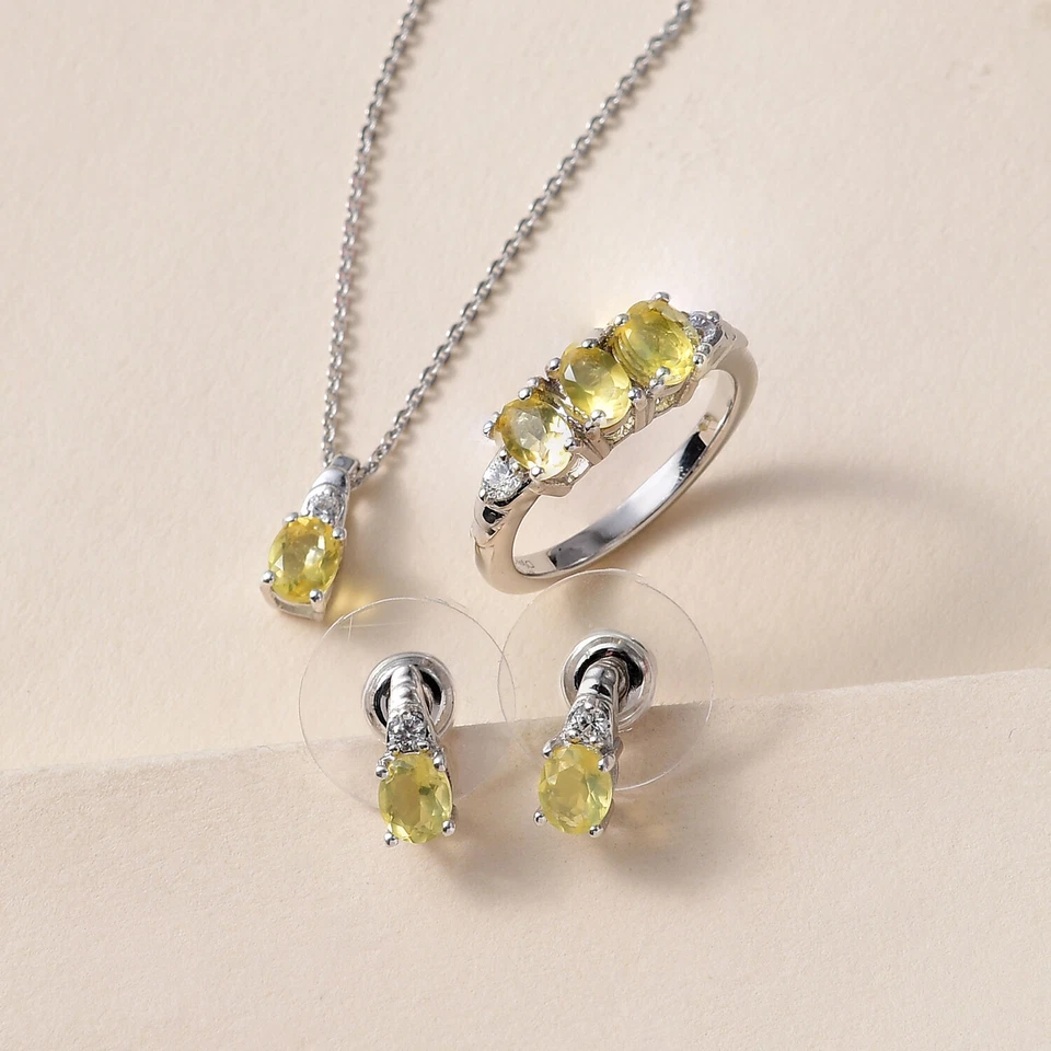 Suite!! Anillo, pendientes, colgante y cadena de ópalo canario enchapado en platino talla 7 Foto 2 de 4