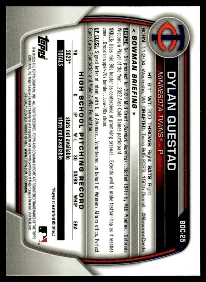 2023 Bowman Draft Chrome Refractors Dylan Questad Rookie Minnesota Twins #BDC-25 - Image 2 of 2