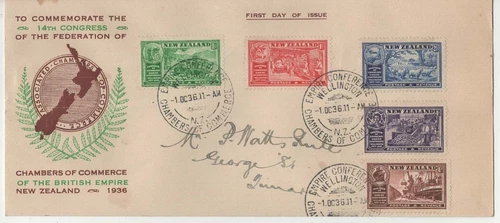 Stamps New Zealand, FDC 14TH Congress of Federation of Chambers of Commerce 1936