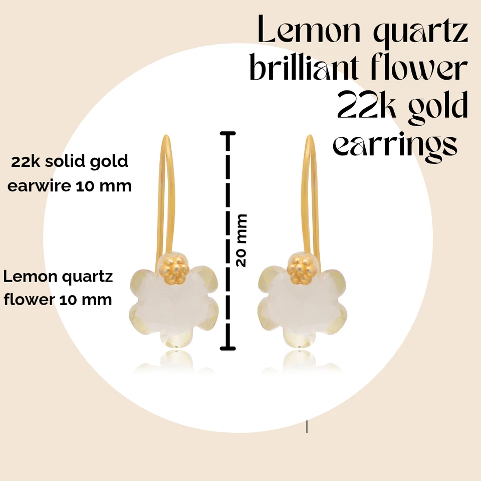 Pendientes colgantes cuarzo limón 10 mm flor - oro 22k para mujer regalo san valentín Foto 3 de 4