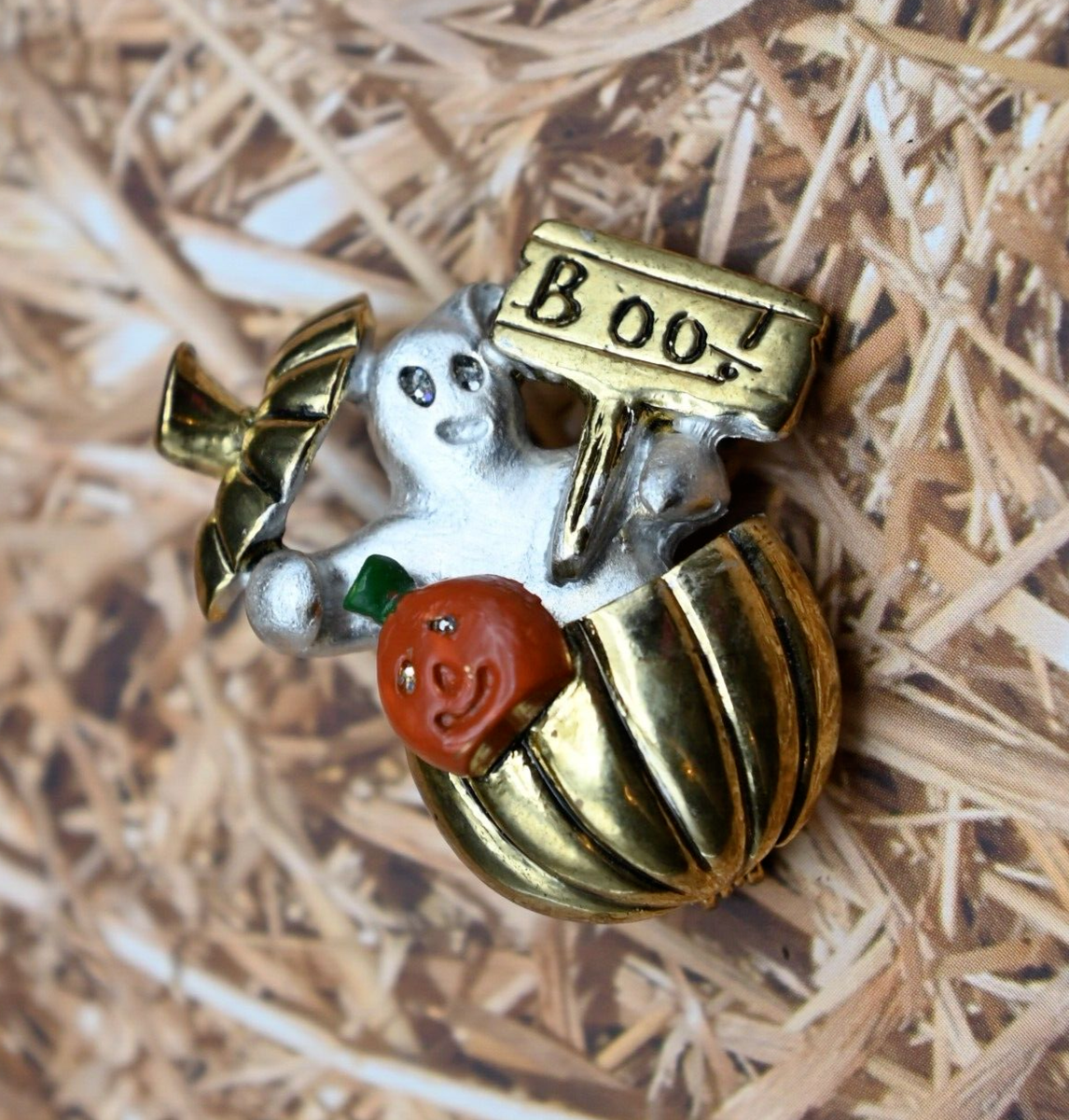 Vintage Ghost Popping Out Of Pumpkin Boo! Gold Tone Enamel