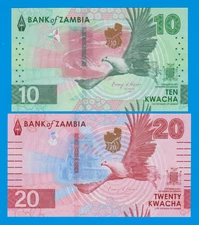 Zambia 2 notes, 10 + 20 Kwacha P 62 + 63 New 2024 (2025) UNC