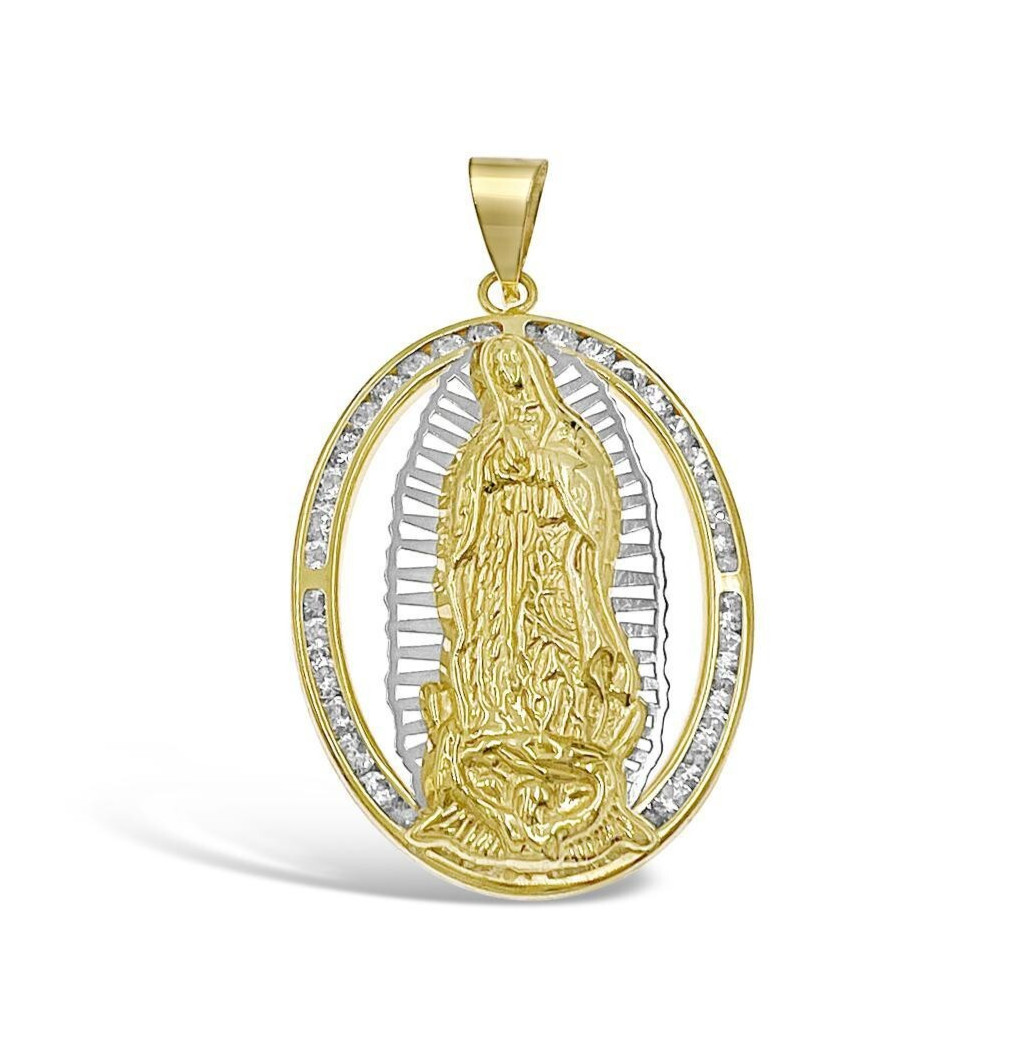 10k Gold Virgin Mary Pendant Charm CZ Lady Guadalupe 2 inch