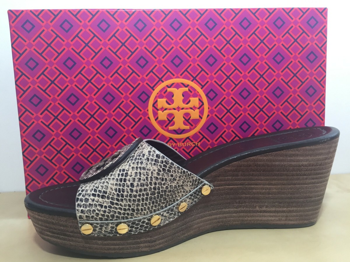NEW Tory Burch Grey Sandal Wedge PATTI-PITONE ROCHA SNAKE