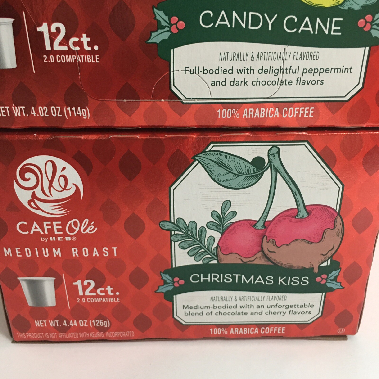 HEB Cafe Ole Coffee KCups Christmas Kiss and Candy Cane 12ct ea Med