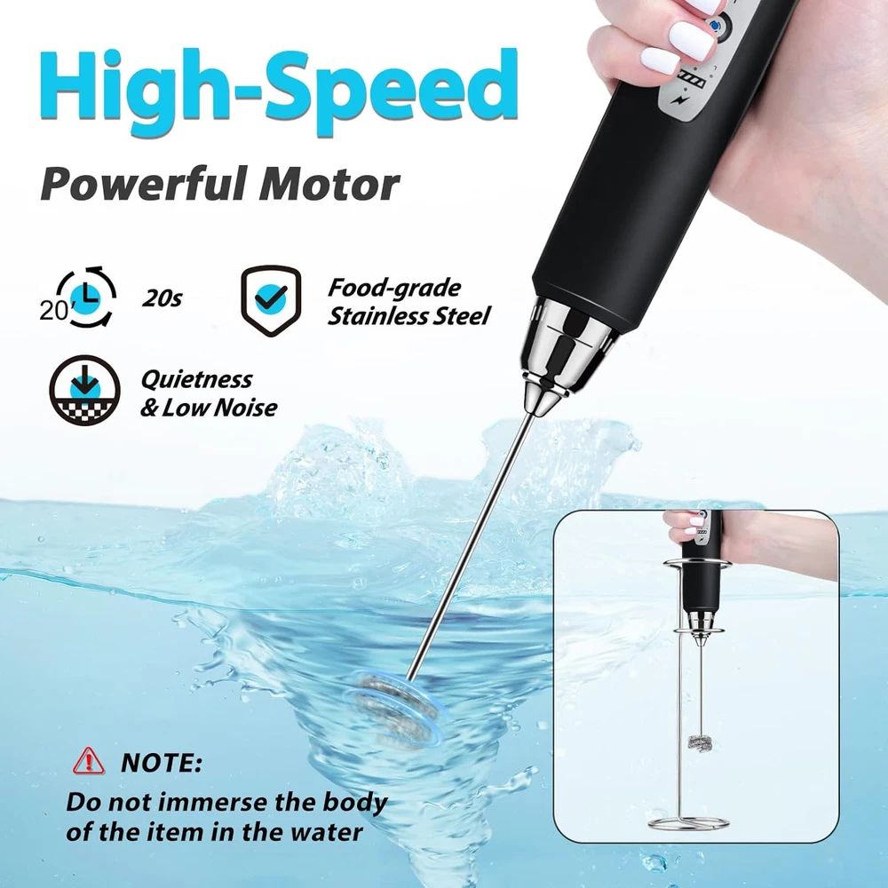 Milk Frother with Stand Rechargeable-Handheld Coffee Frother with 3 Stainless Wh