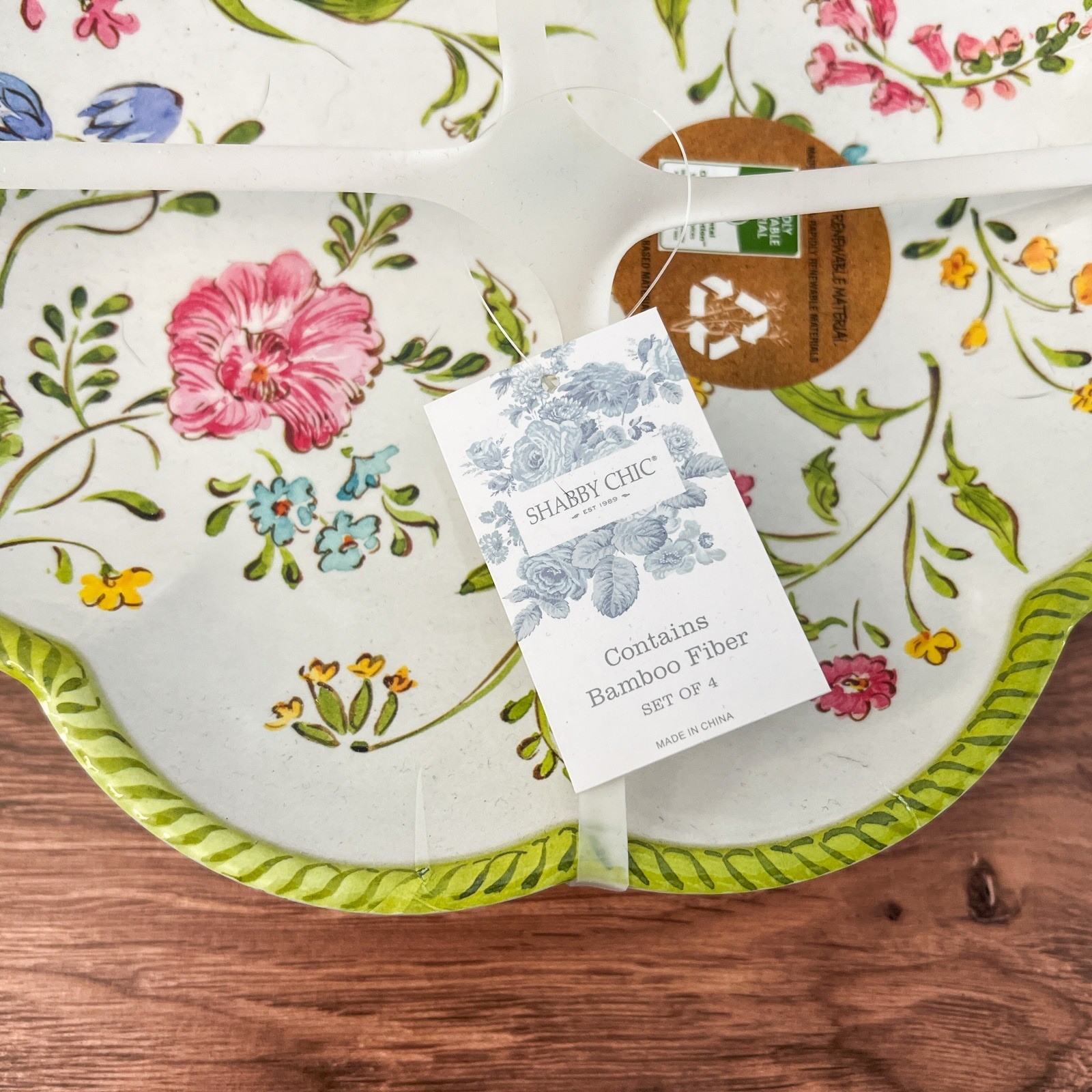 Shabby Chic Floral Bamboo Fiber Plates Set of 4 Salad Appetizer Dessert