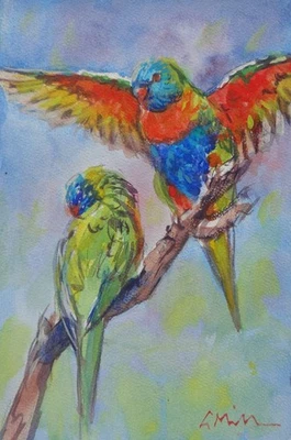 GERRY MILLER. Aquarell-"Papagei".Ohne Rahmen. 24x16cm. - Bild 1 von 3