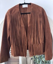 Sandro Paris Fringe Suede Jacket - Cognac Brown (100% Calfskin) - size 8