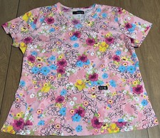 Koi Basics Womens XL Floral Scrub Top Pink Stretch V-Neck Nurse Medical Uniform