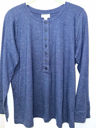 J. Jill Women’s Blue Speckled Cotton Knit Henley Top Long Sleeve Button S