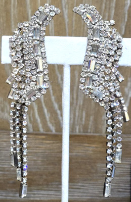Runway Style Rhinestone Clip Earrings Fringed Cascading Wing Megawatt Glam