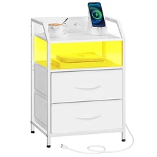 Nightstand with Charging Station, Bedside Table with Adjustable Fabric Drawer...