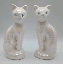 Vintage Iridescent White Ceramic MCM Cat Statues With Blue Rhinestone Eyes