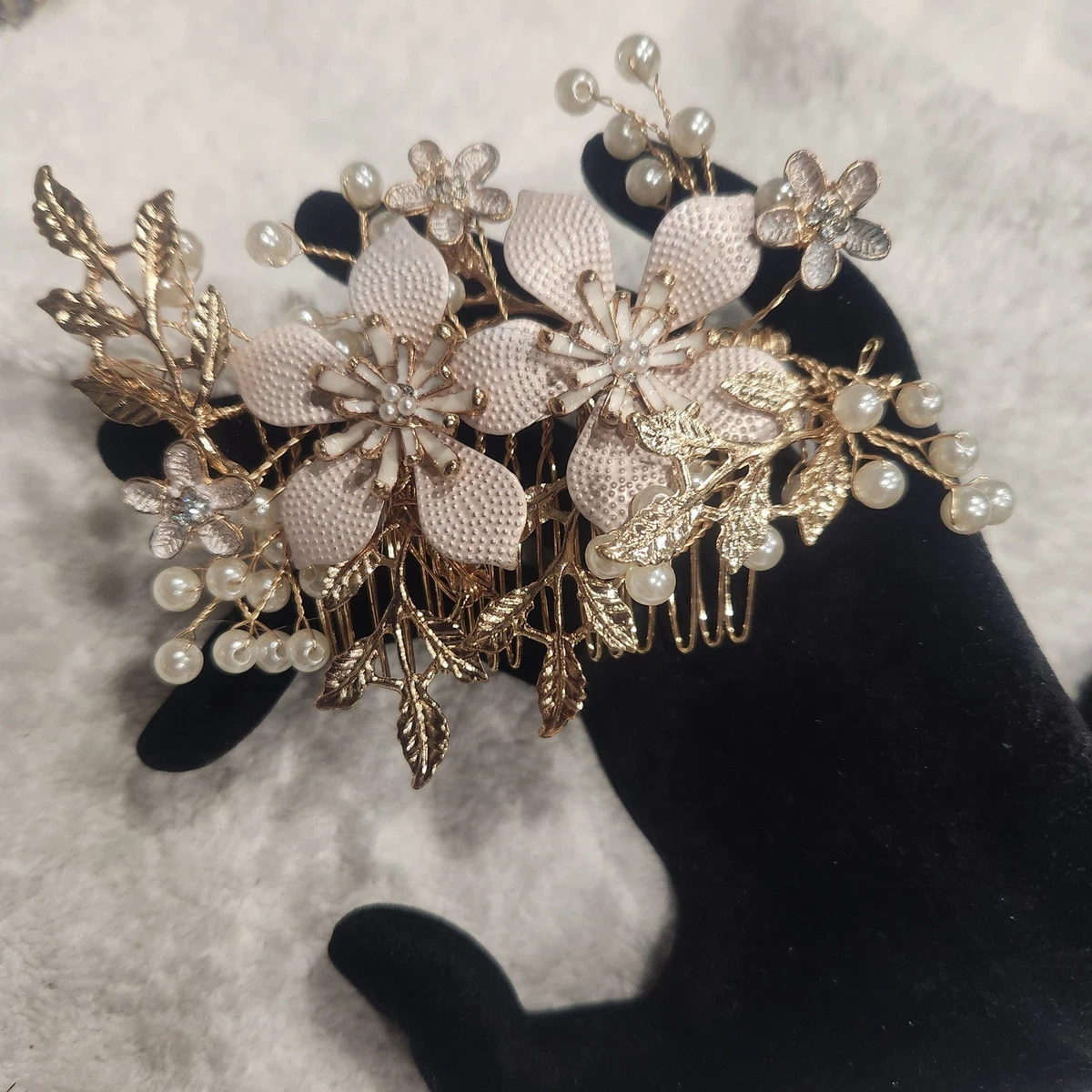 Bridal Floral Hair Combs Gold Flower Pearl Wedding Accessories Vintage Jewelry Deloras Gold Freshwater Pearl and Flowers Mini Hair Comb main image 2