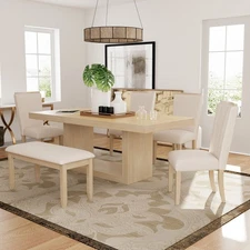 78" Extendable Dining Table Set w/ 4 Chairs & Bench, Natural