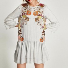 Zara Trafaluc Fall Floral Camila Cerda Boho Key Hole Bell Sleeve Mini Dress XS