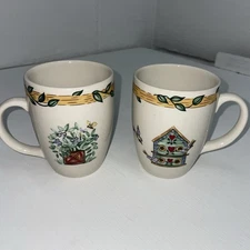 2 Vintage Thomson Pottery Birdhouse Mugs Coffee Tea Cups Birds Hearts Vines