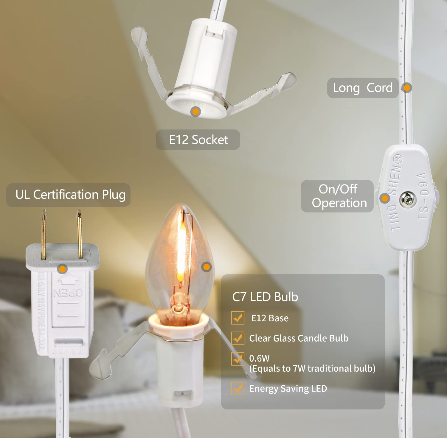 LED Accessory Cord with 5 LED Night Light Bulbs - C7 Christmas Village Light
