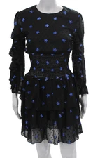 Maje Women's Round Neck 3/4 Sleeves Ruffle Swiss Dot Mini Floral Dress Size 1