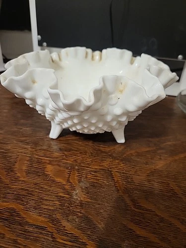 Vintage Fenton Hobnail Milk Glass Bowl Candy Dish Footed  7.5"wide Ruffled