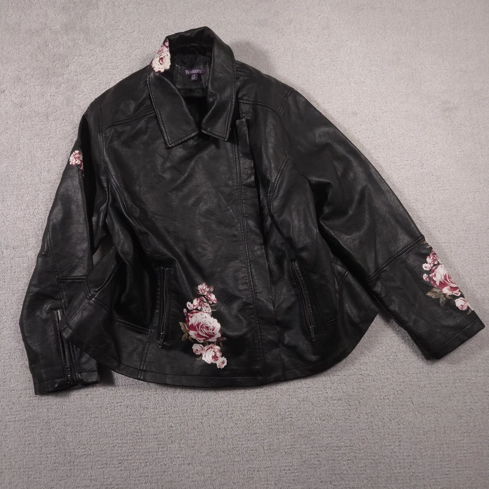 Chaqueta Roamans Mujer 24W Negra Imitación Cuero Floral Rosa Moto Cremallera Talla Grande Foto 2 de 4