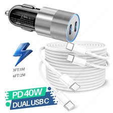 Fast Car Charger 40W Dual USB-C Adapter PD Cable For i-Phone 15/16e/17/Samsung
