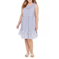 Blue Pinstripe Floral Hem Knee Length Dress Plus Sz 20W Preppy Easter Spring