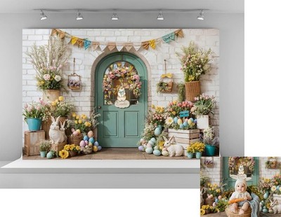 Happy Easter Party Backdrop 7x5ft Colorful Eggs Rabbit Spring Flowers