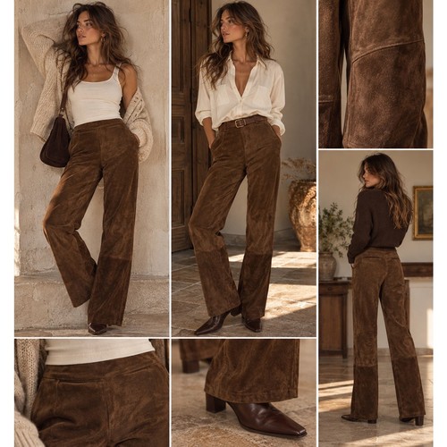 Weekend Max Mara, Pantaloni Max Mara Weekend vintage pelle scamosciata marrone taglia 14 gamba dritta lusso