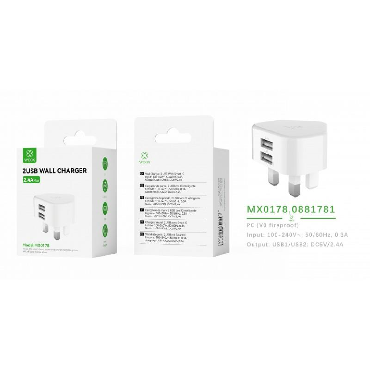 Woox Mx0178 Uk Dual Usb 2.4A Wall Charger, White - Image 2