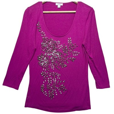 Cache Embellished Top Women's Medium Scoop Neck 3/4 Sleeve Magenta Rhinestone