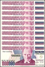 Turkey 1 Million Lira, L.1970 (2002 ND), P-213, Used X 10 PCS