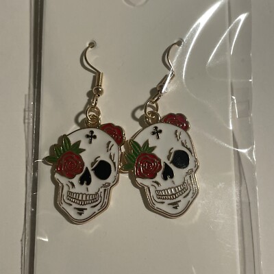 NEW SUGAR SKULL ROSES DAY OF THE DEAD DIA DE LOS MUERTOS PIERCED EARRINGS!