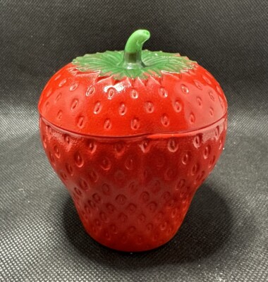 Vintage Hazel Atlas Milk Glass Strawberry Shaped Jelly Jam Jar Sugar Bowl 4''