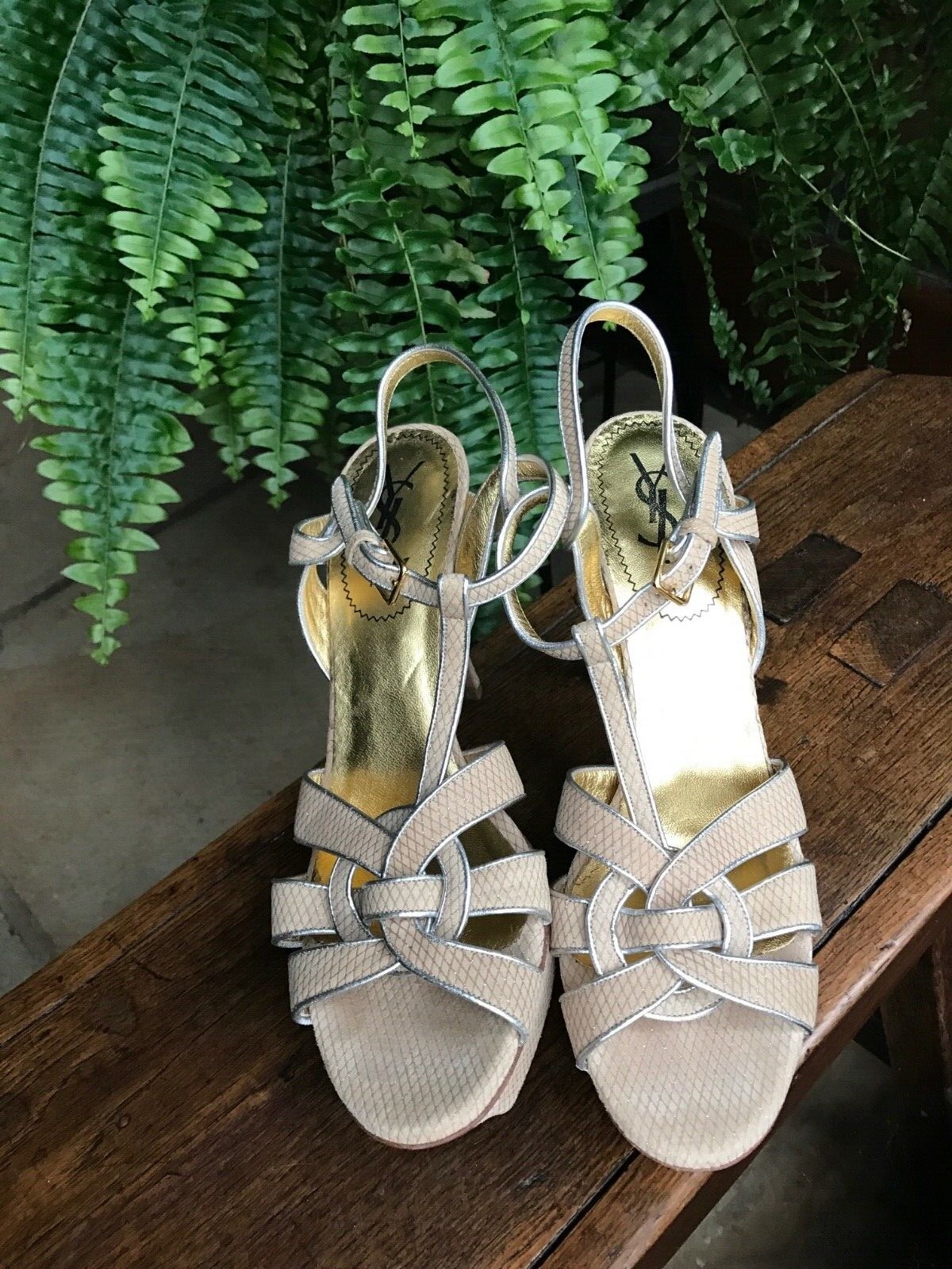 SAINT LAURENT YSL Sandali omaggio morbidi glitter beige bordo argento taglia 39