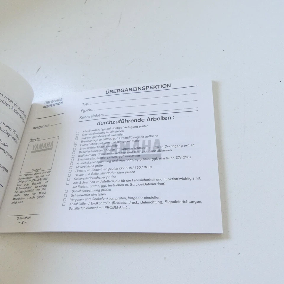 Yamaha XV 250 535 750 1100 Inspektionsheft Wartungsheft Blanko Kundendienstheft - Bild 3 von 4