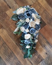 Dusty Blue & White Cascading Bridal Bouquet Made of Sola Wood Wedding Flowers