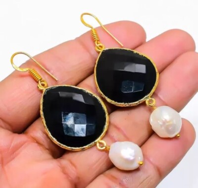  Onyx facettierte Birne & Tropfen Perle Edelstein Vermiel 925 Ohrringe 2,40''