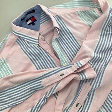 Tommy Hilfiger Button Down Shirt Mens L Pink Blue Teal Striped Pockets Logo