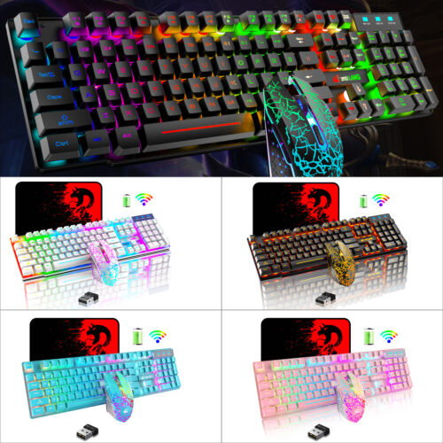 Black Wireless Gaming Keyboard Mouse Combo Rainbow Backlit USB For PC Laptop PS4 - Picture 1 of 35