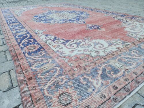 6x11 ft Oushak Rug – Vintage Blue Hand Knotted Wool Large Natural Rug