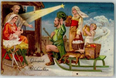 39787629 - gifts for the holy child, sleigh rabbit eggs bread