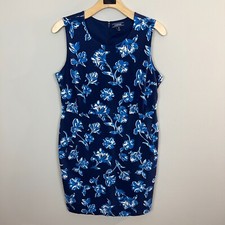 Lands End Dress 18 Blue Sheath Floral Ponte Knit Stretch Pockets Sleeveless