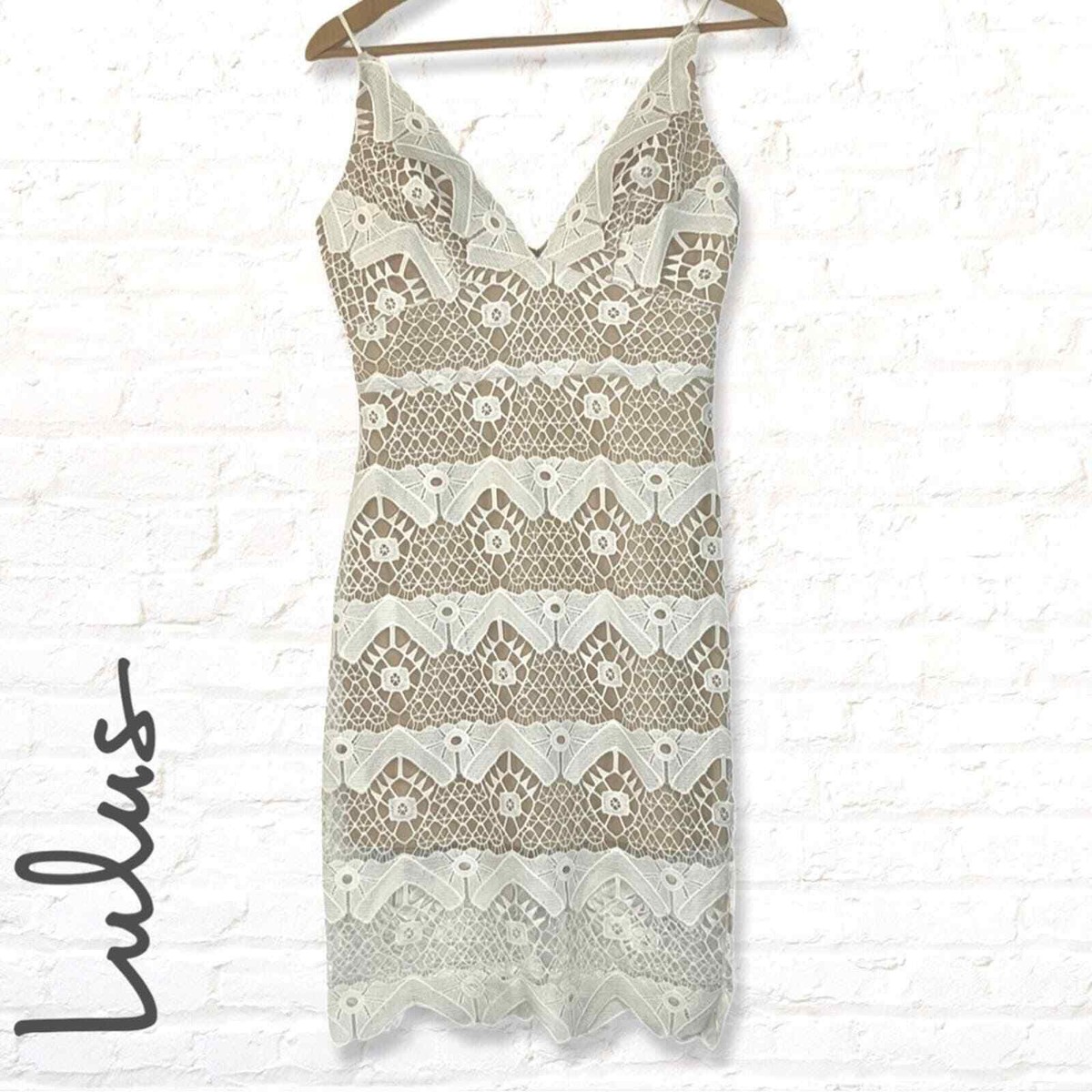 Lulu's‎ Sway Away White Crochet Lace Bodycon Dress with Nude