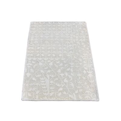 2'x3'4'' Ivory Tone on Tone Pure Silk with Textured Wool Hand Knotted Rug R59537