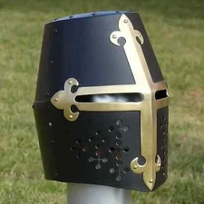 The Black Great Helmet with a striking Brass Cross offers superior head protecti